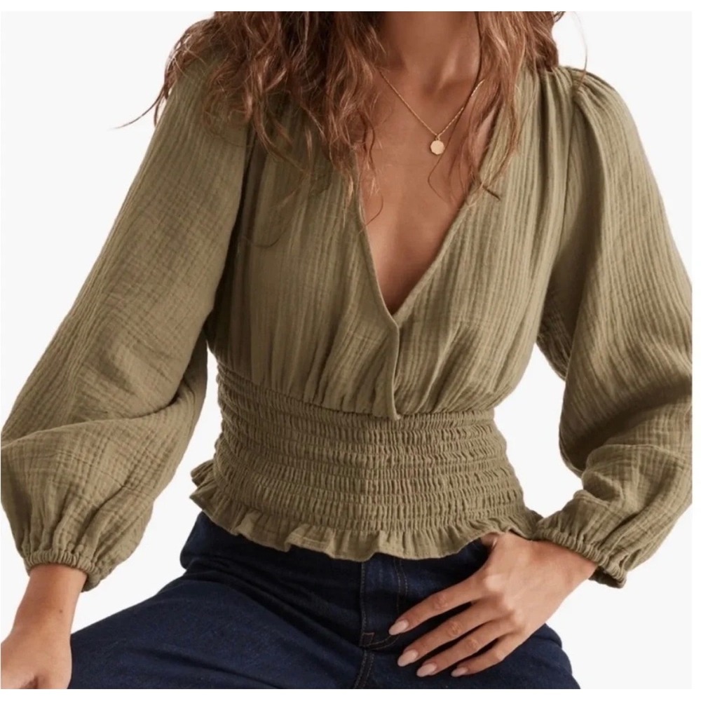 Madewell Light Umber Smocked Waist Double Gauze Top V-Neck Blouse L